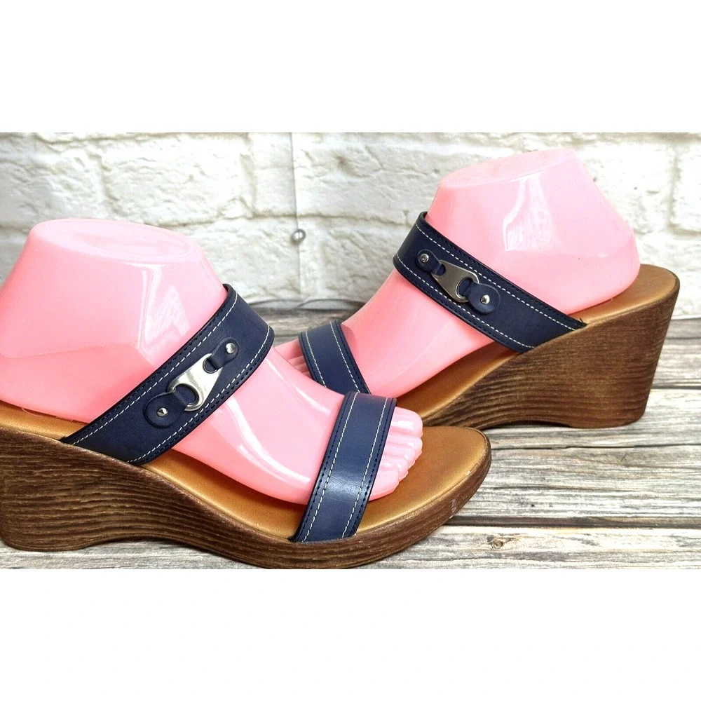 Italian Shoemaker Sandals Wedge‎ Navy Blue Leather Straps Fits 10 M